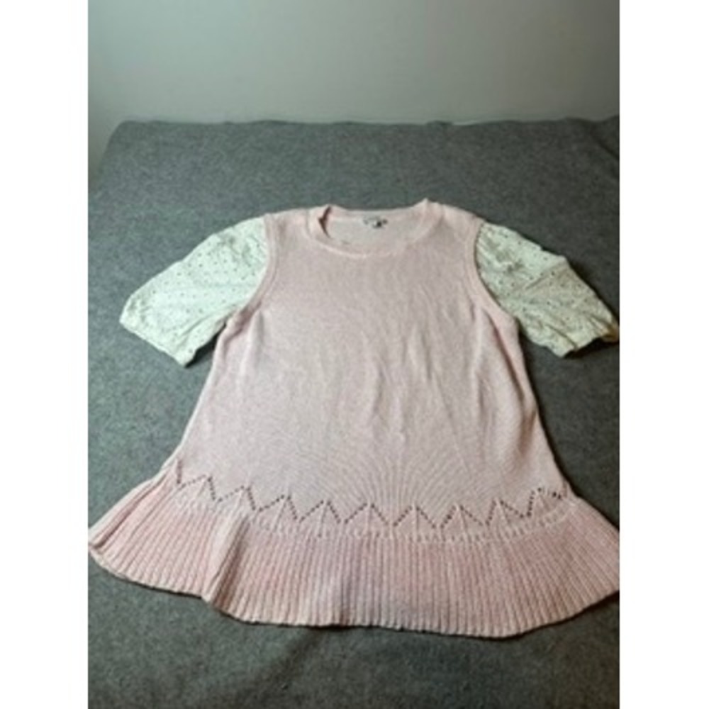 Crown & Ivy Pink Knit Eyelet Short Sleeve Mixed Media Sweater Top Large